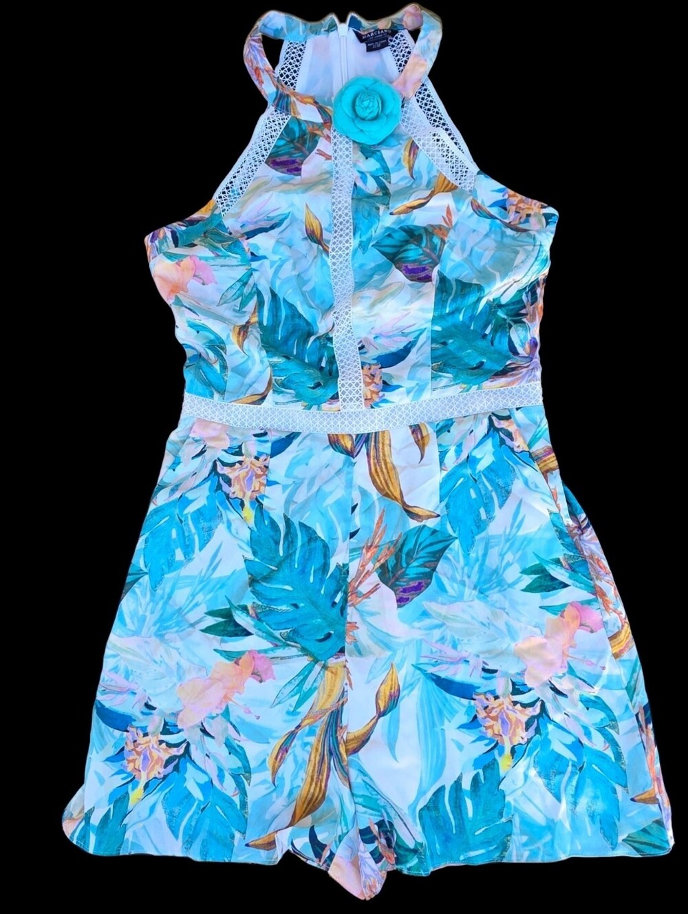 Marciano Los Angeles Y2K Satin Floral Halter Romper with Felt Flower
